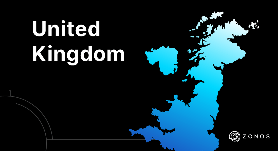 A Zonos custom graphic with a black background and white lettering that reads "United Kingdom". A custom-made map of the United Kingdom is shown in blue.